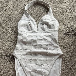 Saks 5th X Oscar De La Renta White one piece bathing suite halter neck STUNNING!